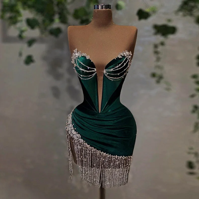 Green Crystal Tassel Velvet Short Cocktail Party Dress RM049 Sequined Elegant Party