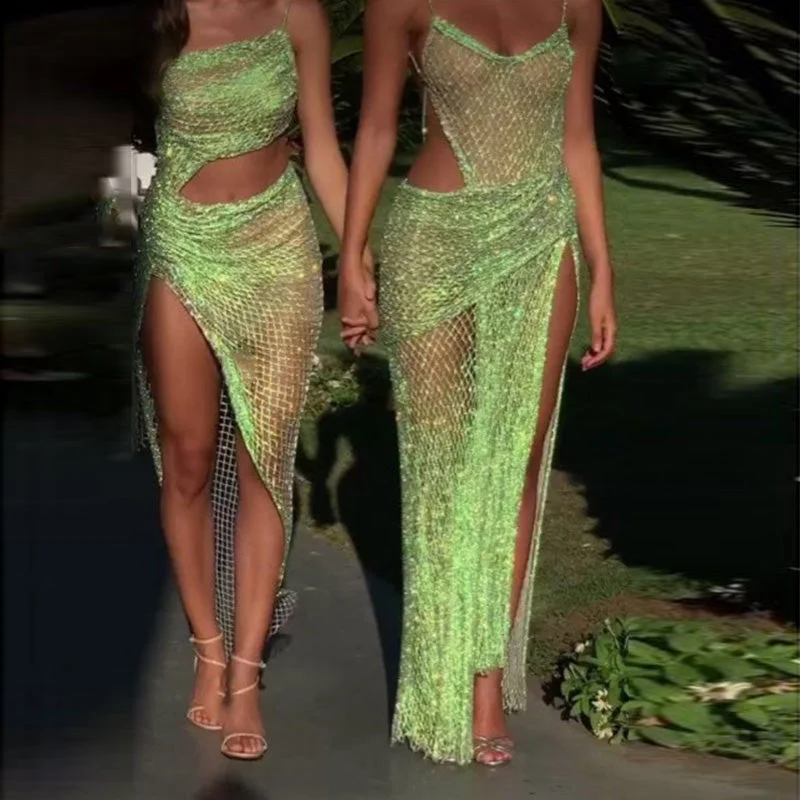 Neon Green Spaghetti High Slit Cocktail Party Dress RM025 Tunics Review highly