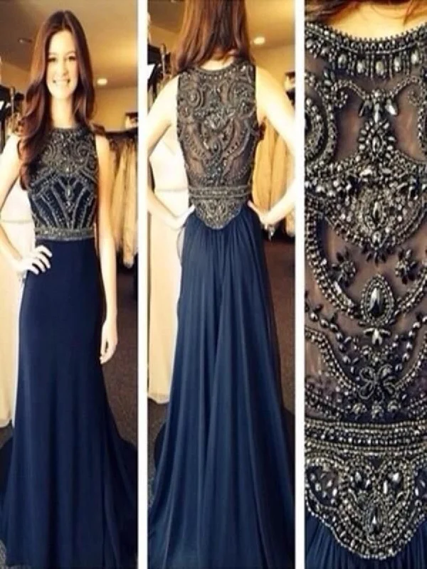 Dark Blue Chiffon A-line Beaded Long Prom Dresses, Evening Dresses, Formal Dresses Tunics Short Trendy