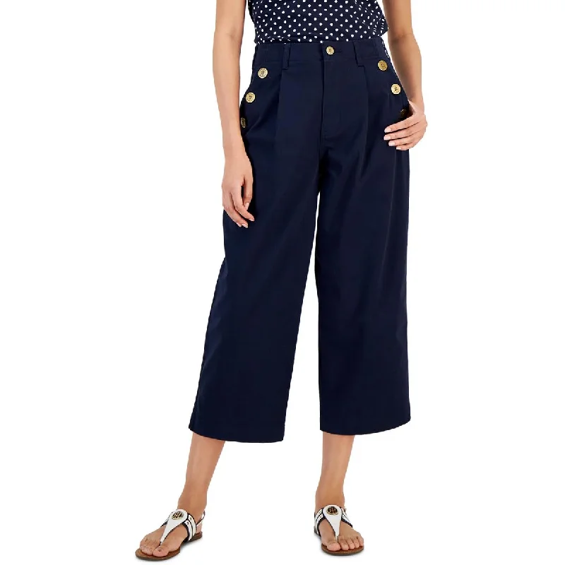 Tommy Hilfiger Womens High Rise Button Detail Wide Leg Pants Fashionable Jogger Pants