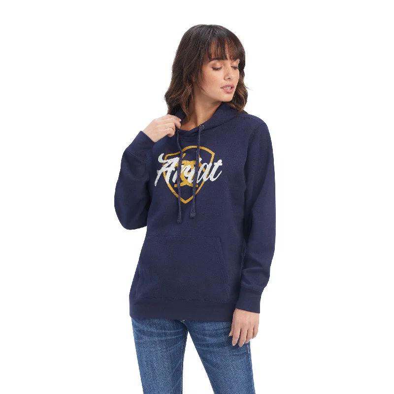 Women's Ariat Navy Shield With Logo Hoodie #10041679-C Hoodie with Double Zipper Versatile Adjustable