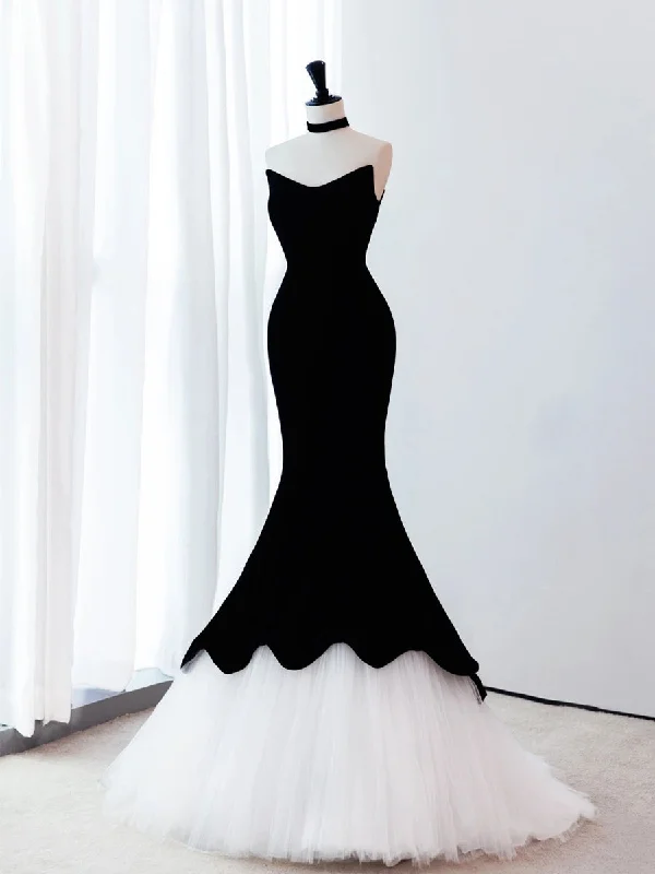 Black/White Velvet Mermaid Long Prom Dress, Black Formal Evening Dress Tunics Stylish elegant