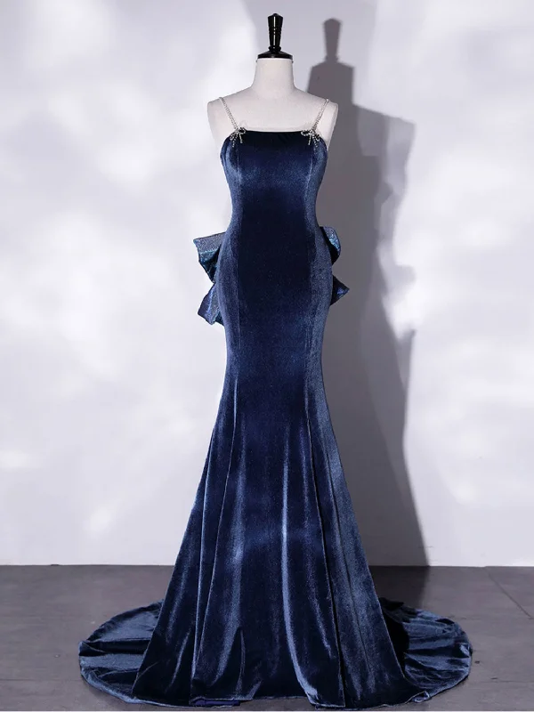 Mermaid Velvet Blue Long Prom Dresses, Blue Velvet Long Evening Dress Casual Short Summer Mermaid Velvet Blue Long Prom Dresses, Blue Velvet Long Evening Dress Casual Short Summer