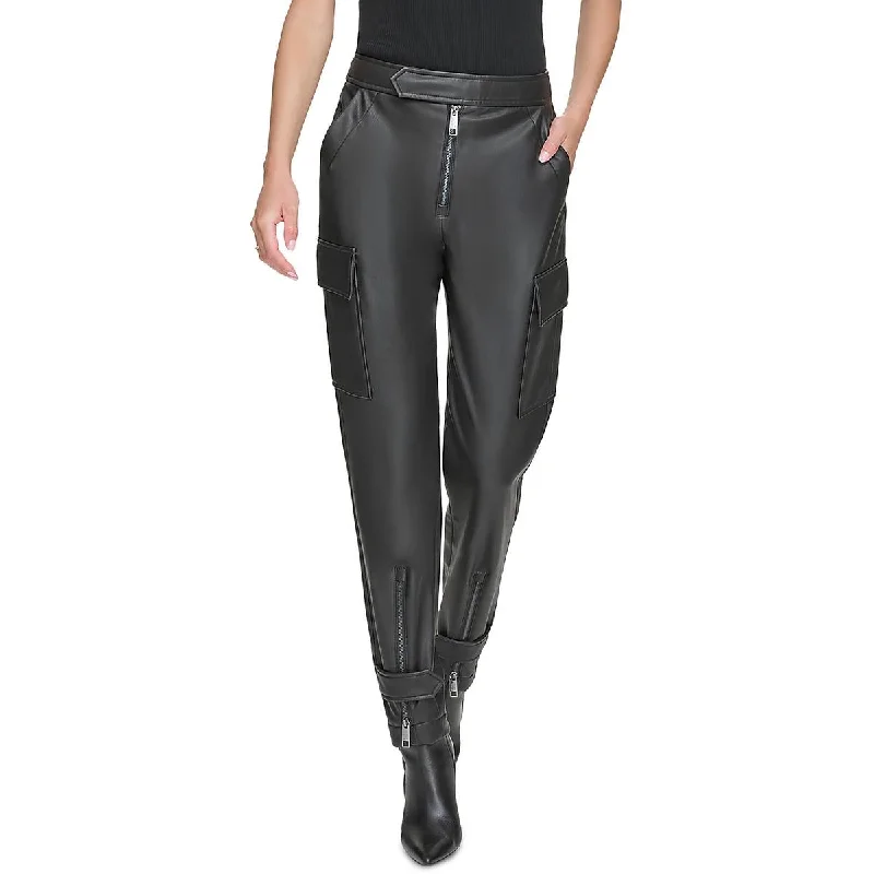 DKNY Womens Faux Leather High Rise Cargo Pants Chic Faux Leather Pants