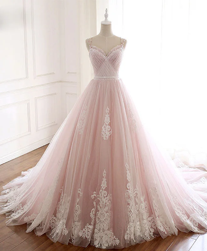 Pink Sweetheart Lace Tulle Long Prom Dress Lace Pink Evening Dress Tunics Travel practical