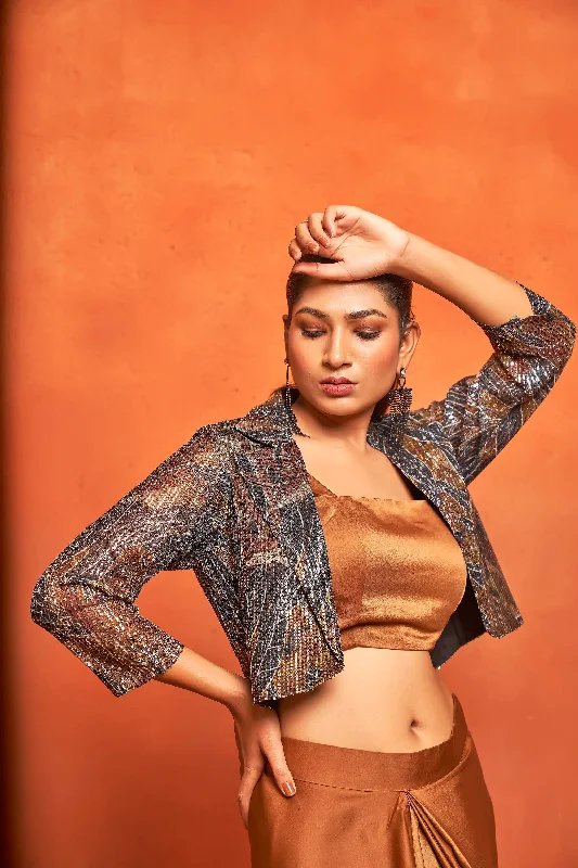 Women's Chic Camel Brown Leaf Print Dhoti Skirt Shrug Co-Ord Set - Curvy Lane silk skirt luxurious Women's Chic Camel Brown Leaf Print Dhoti Skirt Shrug Co-Ord Set - Curvy Lane silk skirt luxurious