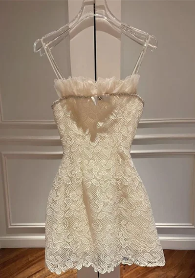 Ivory Spaghetti Straps Lace Mini Party Dress Homecoming Dress,DP1843 Tunics Luxurious high-end Ivory Spaghetti Straps Lace Mini Party Dress Homecoming Dress,DP1843 Tunics Luxurious high-end