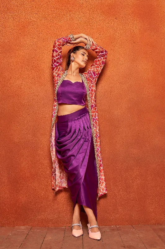 Women's Stylish Violet Ethnic Print Long Shrug Dhoti Skirt Co-Ord Set - Curvy Lane lace skirt intricate