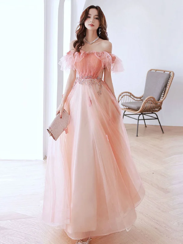A-Line Off Shoulder Pink Long Prom Dresses, Pink Tulle Formal Evening Dress Tunics Short Trendy A-Line Off Shoulder Pink Long Prom Dresses, Pink Tulle Formal Evening Dress Tunics Short Trendy