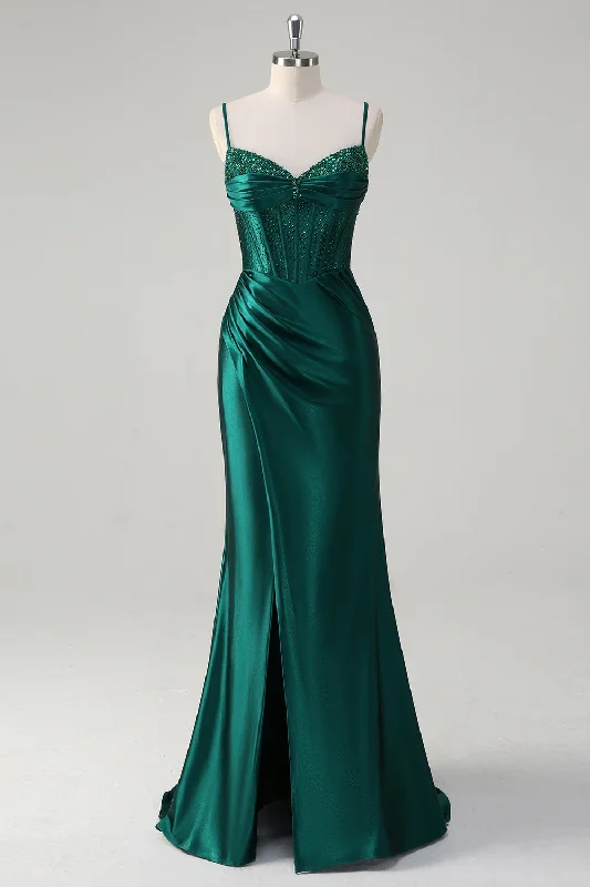 Sparkly Dark Green Mermaid Corset Beaded Long Prom Dress with Slit Tunics Custom made Sparkly Dark Green Mermaid Corset Beaded Long Prom Dress with Slit Tunics Custom made