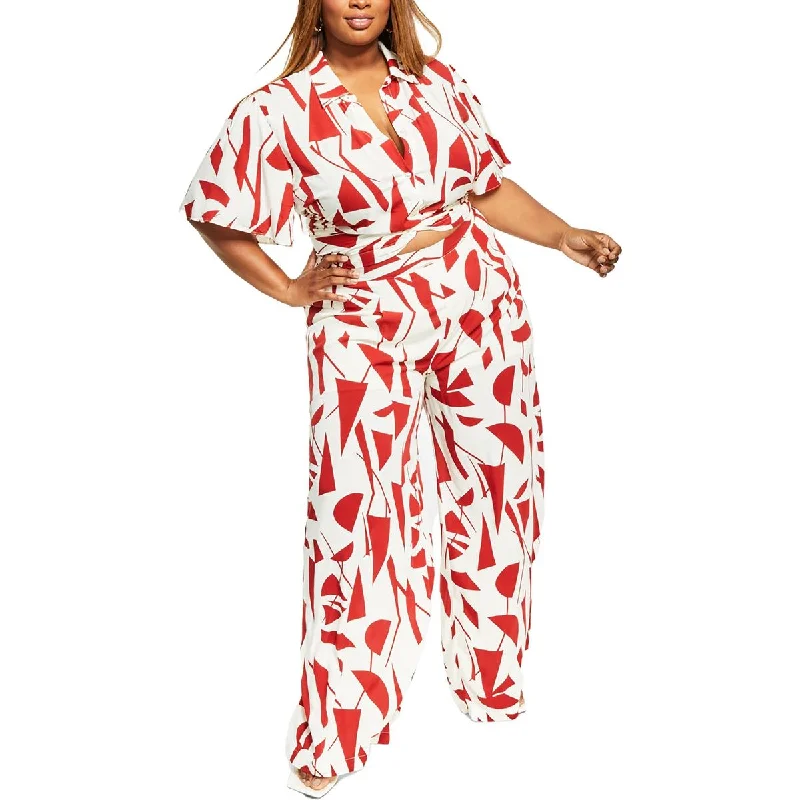 Nina Parker Womens Plus High Rise Printed Wide Leg Pants Chic Capri Pants