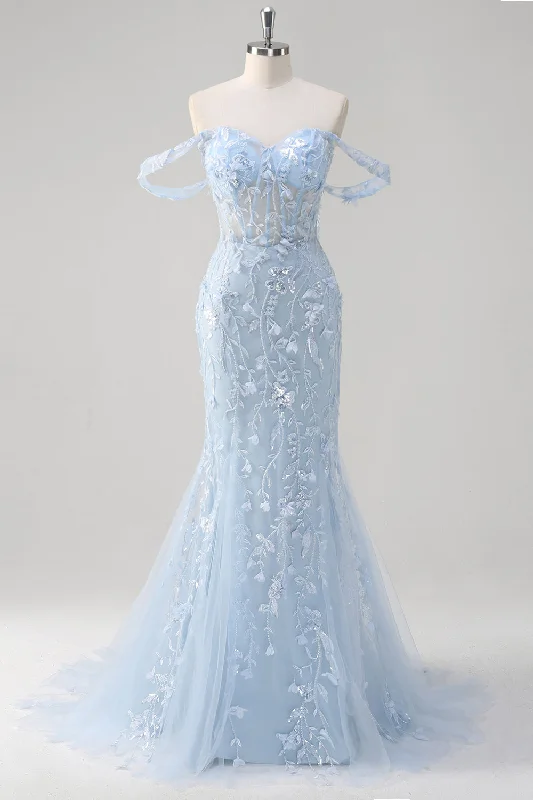 Blue Mermaid Off the Shoulder Sequin Floral Corset Prom Dress Tunics Fashionable chic Blue Mermaid Off the Shoulder Sequin Floral Corset Prom Dress Tunics Fashionable chic