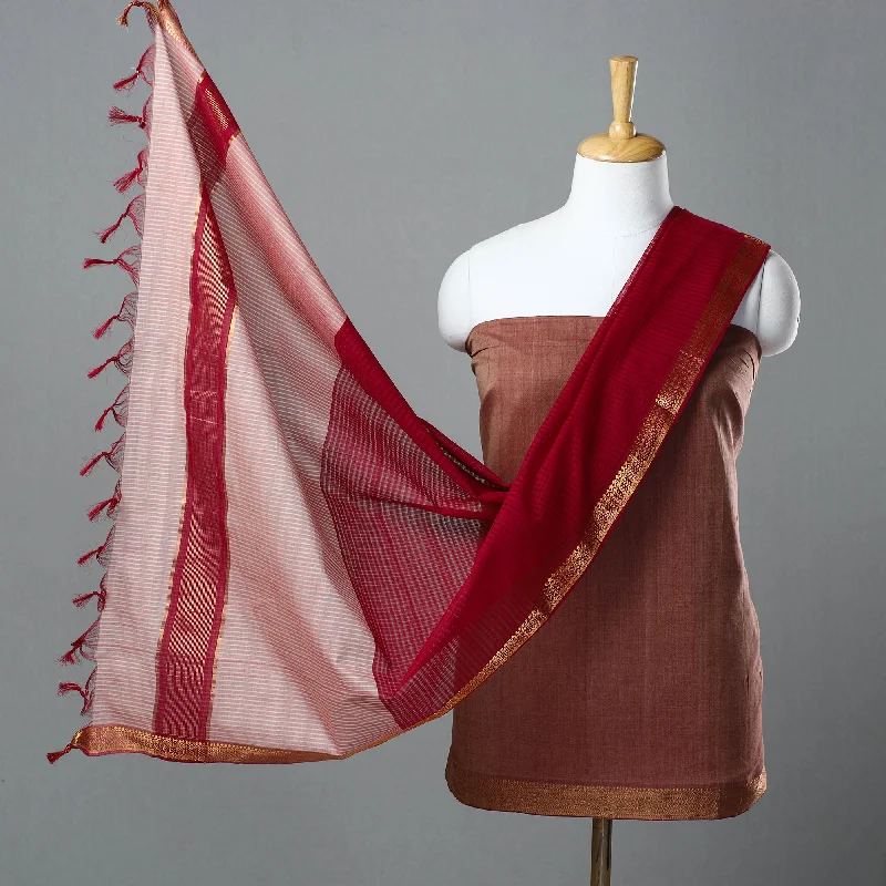 Brown - 3pc Handloom Cotton Mangalagiri Dress Material 06 Tunics Polka dots