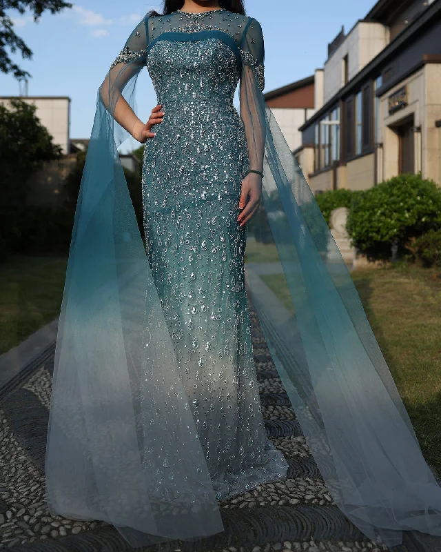 Luxury Turquoise Crystal Evening Dresses with Cape Sleeves SS206 Tunics Occasion special Luxury Turquoise Crystal Evening Dresses with Cape Sleeves SS206 Tunics Occasion special