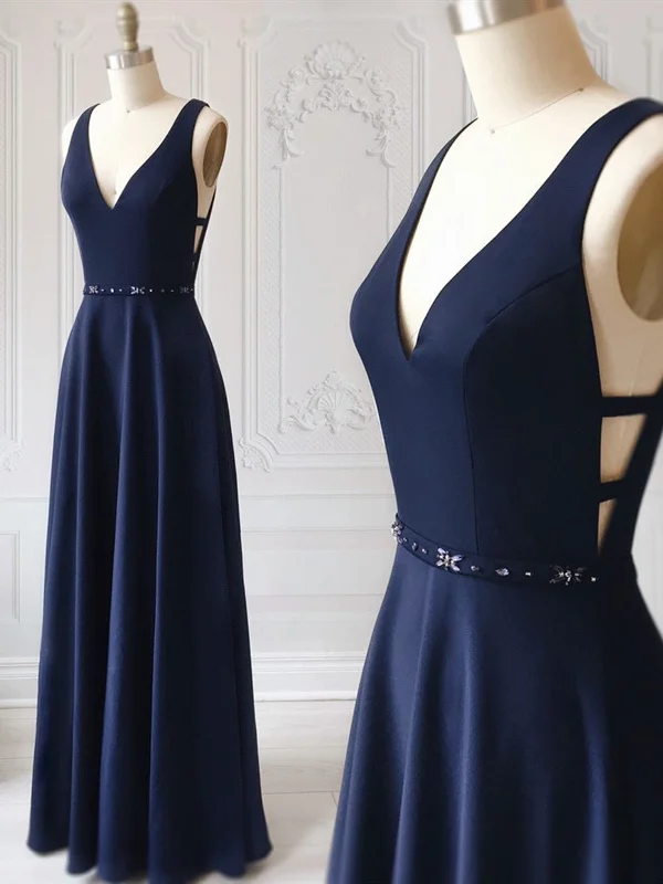 A Line V Neck Dark Navy Blue Prom Dresses with Belt, Dark Navy Blue Formal Graduation Evening Dresses Maxi Flowy Bohemian A Line V Neck Dark Navy Blue Prom Dresses with Belt, Dark Navy Blue Formal Graduation Evening Dresses Maxi Flowy Bohemian