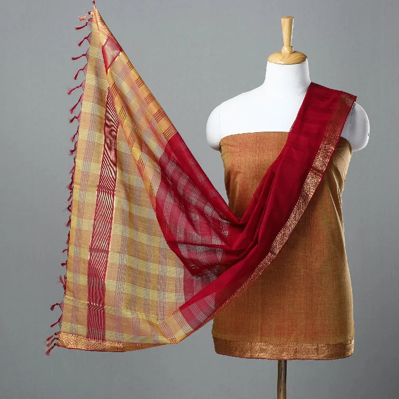 Brown - 3pc Handloom Cotton Mangalagiri Dress Material 04 Tunics Silk luxurious