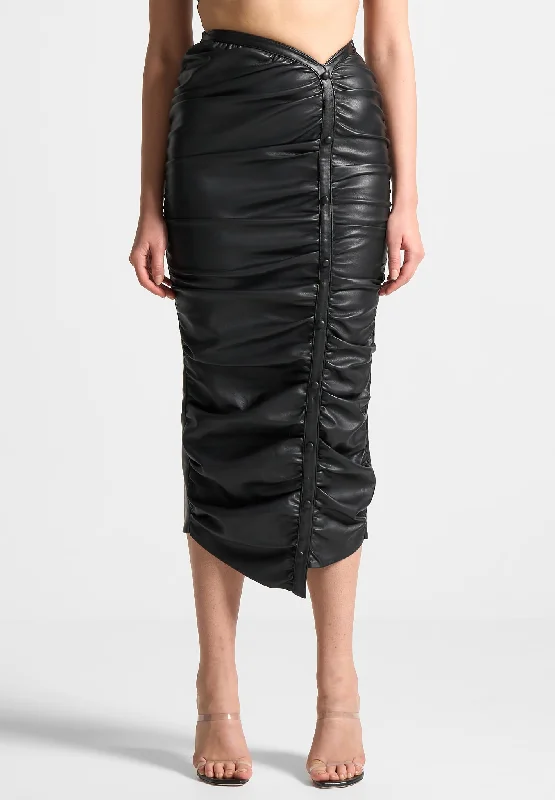 Leather Ruched Midaxi Skirt - Black chiffon skirt delicate