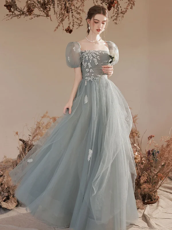 A-Line Square Neckline Gray Blue Long Prom Dress, Lace Formal Evening Dress Pencil Office Professional A-Line Square Neckline Gray Blue Long Prom Dress, Lace Formal Evening Dress Pencil Office Professional