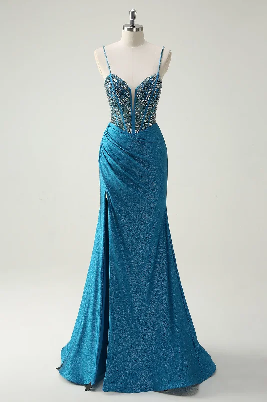 Sparkly Blue Spaghetti Straps V-Neck Ruched Long Prom Dress with Beading Pencil Office Professional