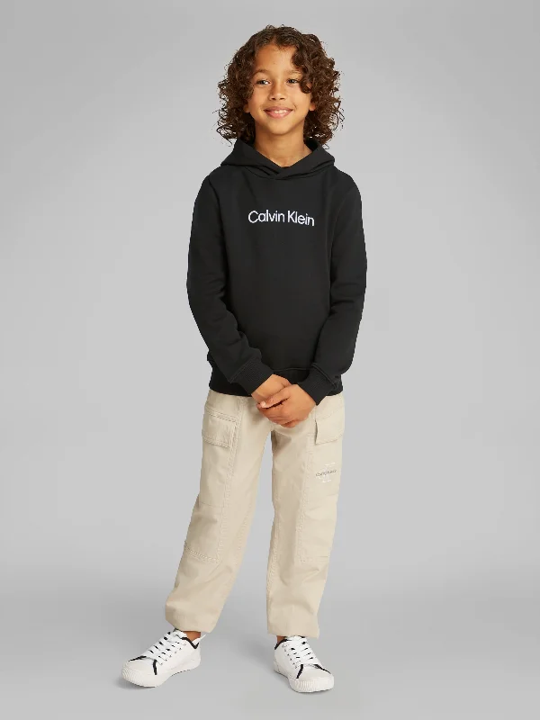 Calvin Klein Kids Logo Regular Terry Hoodie in Black Hoodie with Typography Text Message Calvin Klein Kids Logo Regular Terry Hoodie in Black Hoodie with Typography Text Message