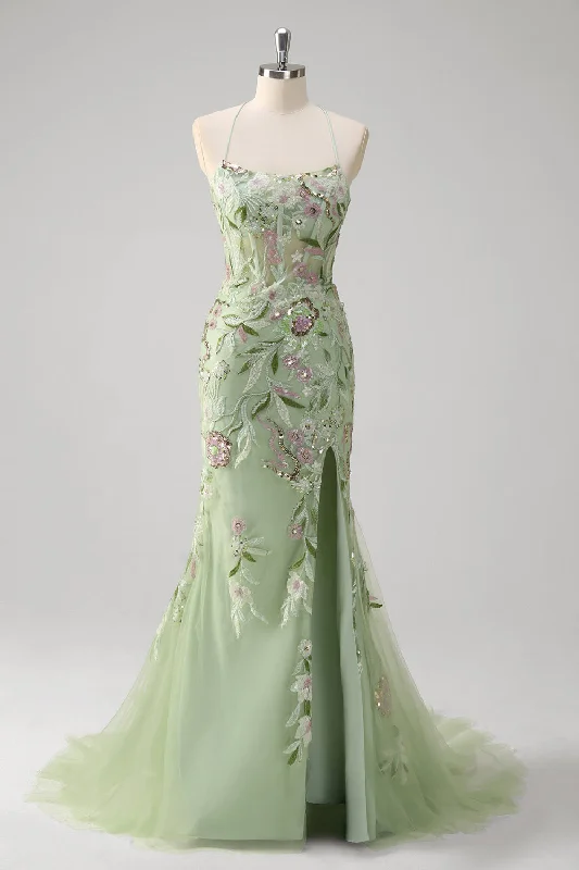 Green Mermaid Halter Corset Appliqued Long Prom Dress With Slit Tunics Luxurious high-end