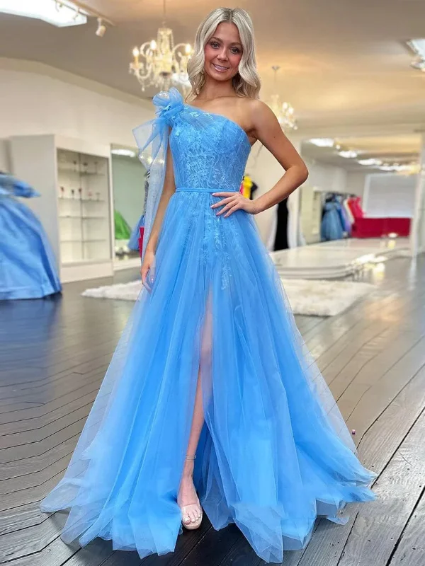 One Shoulder Blue Lace Long Prom Dresses with High Slit, One Shoulder Blue Formal Dresses, Blue Lace Evening Dresses Tunics Essential wardrobe One Shoulder Blue Lace Long Prom Dresses with High Slit, One Shoulder Blue Formal Dresses, Blue Lace Evening Dresses Tunics Essential wardrobe