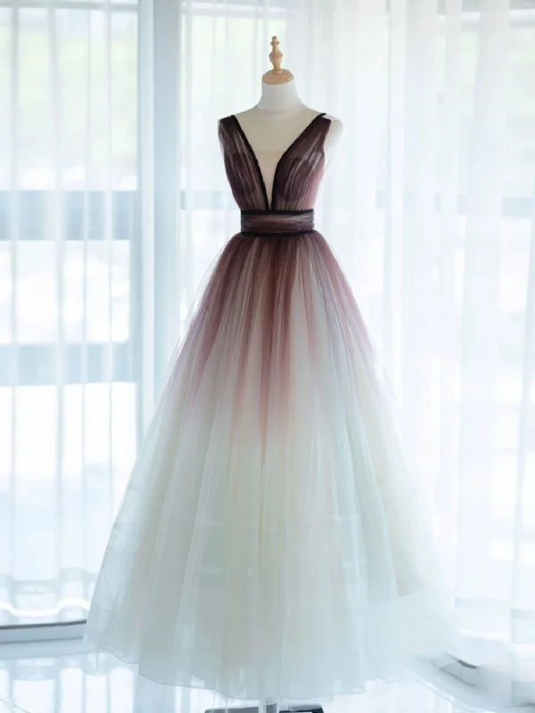 A-Line V Neck Tulle Long Brown Prom Dresses, Tulle Long Evening Dresses Tunics Winter warm A-Line V Neck Tulle Long Brown Prom Dresses, Tulle Long Evening Dresses Tunics Winter warm