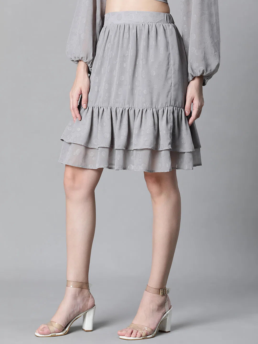 Grizzle Grey Elasticated Lurex Printed Partywear Women Skirt-W23111WSK004 silk skirt smooth
