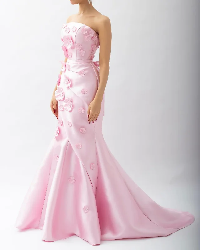 Elegant Pink 3D Flowers Evening Dress with Overskirt SF274 Cowl Neckline Elegant
