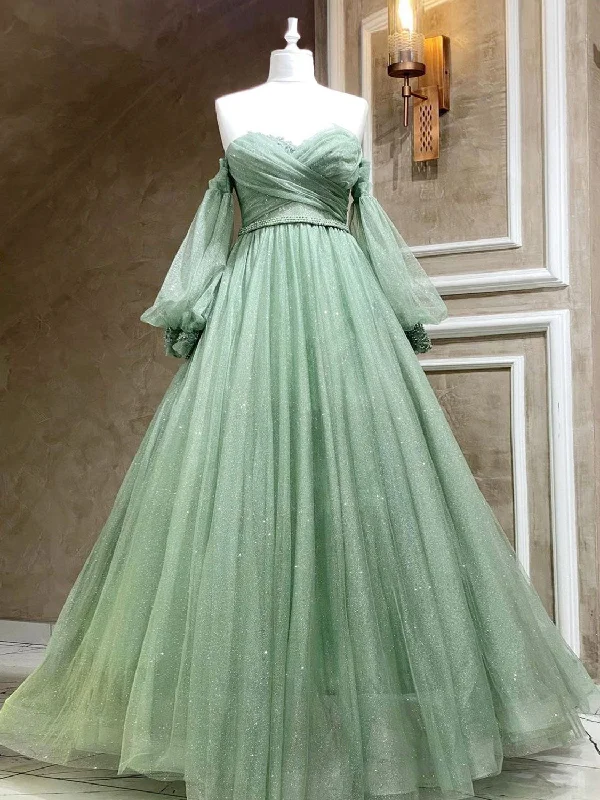 A-Line Sweetheart Neck Tulle Green Long Prom Dress, Green Formal Evening Dress Tunics Fashionable trendy A-Line Sweetheart Neck Tulle Green Long Prom Dress, Green Formal Evening Dress Tunics Fashionable trendy