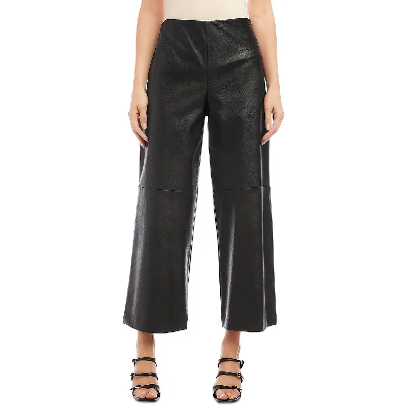 Karen Kane Womens Faux Leather High Rise Wide Leg Pants Chic Checkered Pants