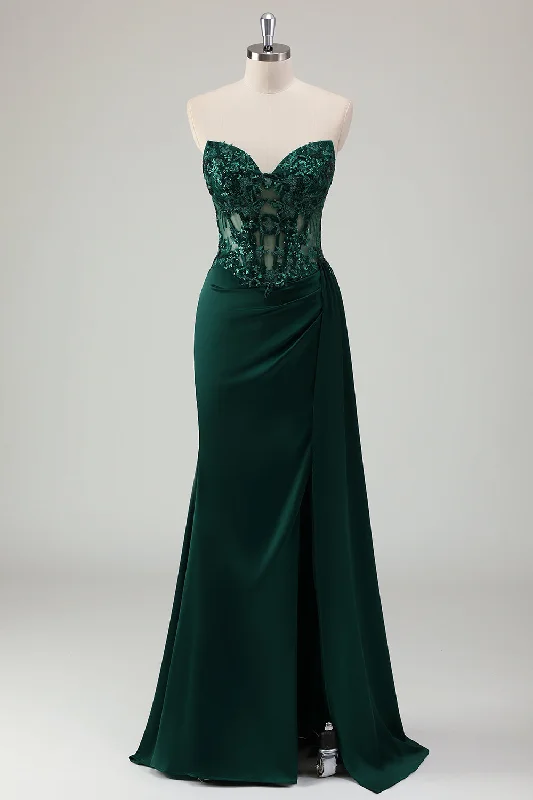 Sparkly Dark Green Mermaid Sweetheart Corset Long Prom Dress with Slit Tunics Custom made Sparkly Dark Green Mermaid Sweetheart Corset Long Prom Dress with Slit Tunics Custom made