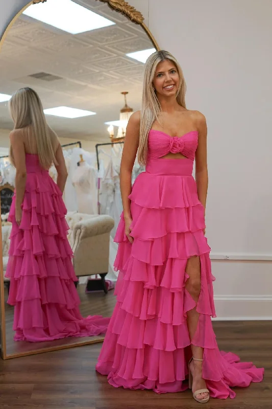 Keyhole Hot Pink Chiffon Ruffle A-line Long Party Dress Halter Neckline Beach