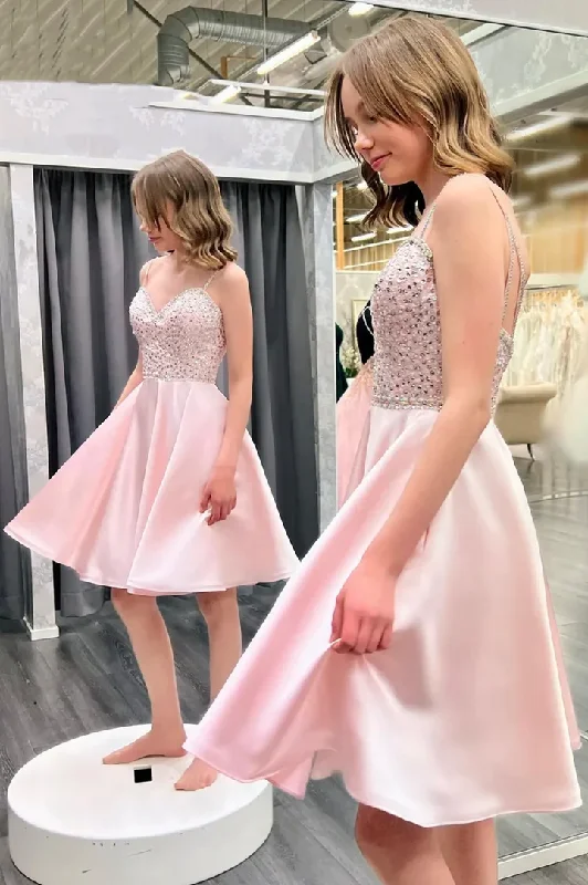 Pink Straps Sequins Backless Short Cute Party Dress Homecoming Dress,DP1743 A-Line Day Work Pink Straps Sequins Backless Short Cute Party Dress Homecoming Dress,DP1743 A-Line Day Work