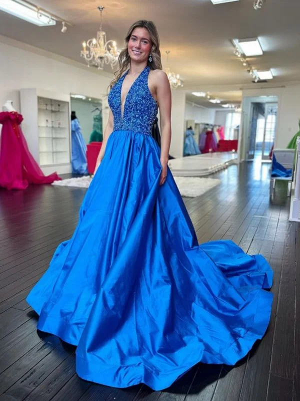 Open Back Halter V Neck Blue Long Prom Dresses, A Line V Neck Blue Formal Graduation Evening Dresses Tunics Silk luxurious Open Back Halter V Neck Blue Long Prom Dresses, A Line V Neck Blue Formal Graduation Evening Dresses Tunics Silk luxurious