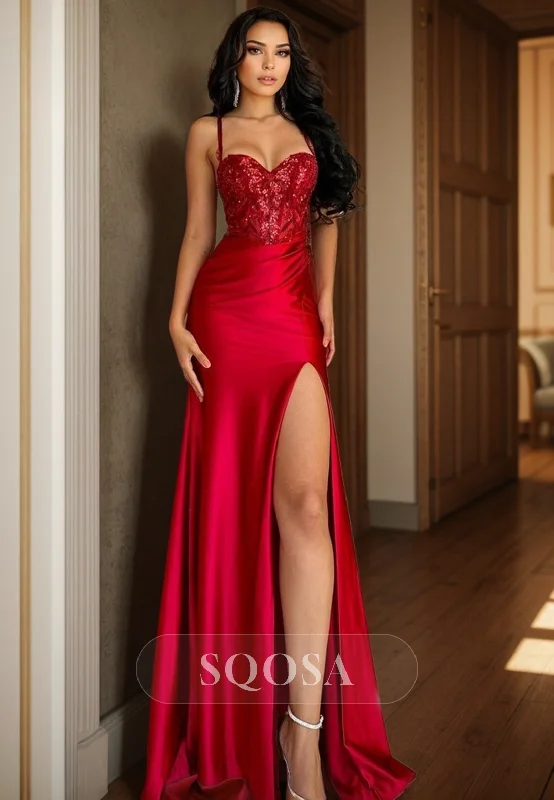 Spaghetti Straps Sweetheart Lace Appliques Red Mermaid Prom Party Dress with Slit Tunics Fall fleece Spaghetti Straps Sweetheart Lace Appliques Red Mermaid Prom Party Dress with Slit Tunics Fall fleece