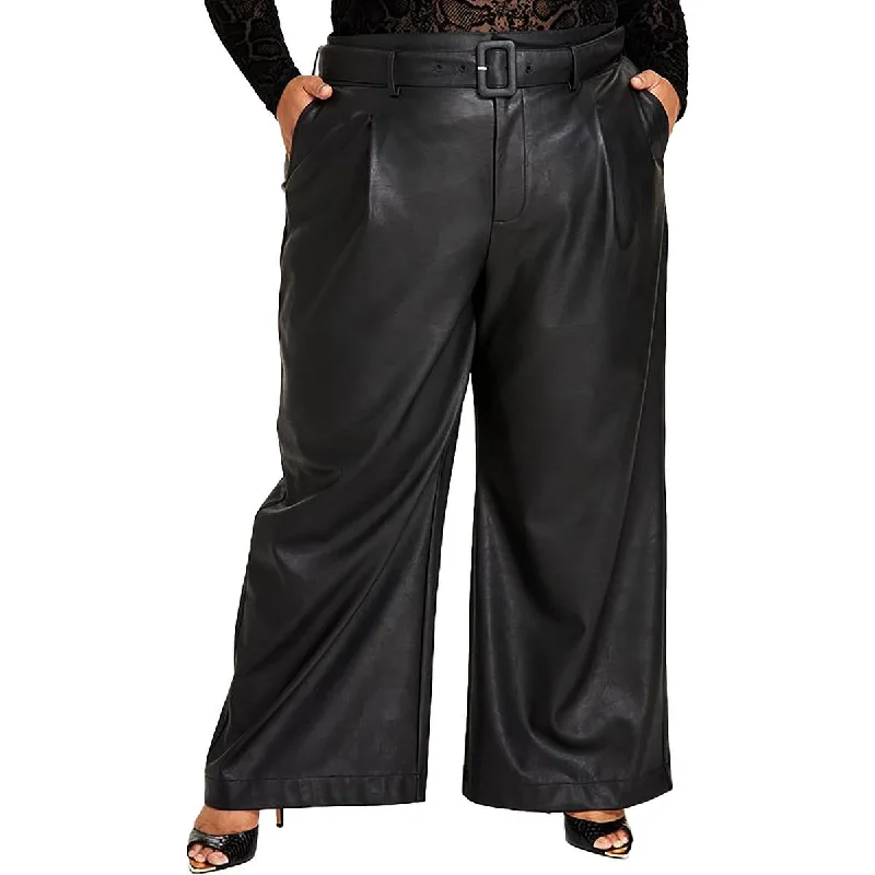 Nina Parker Womens Plus Faux Leather Wide Leg Pants Soft Sweatpants Style