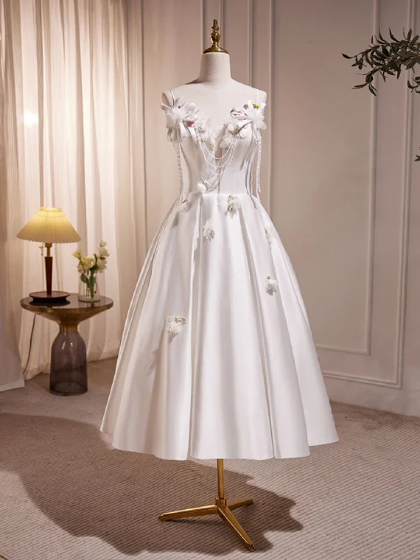 White V Neck Satin Tea Length Prom Dress, White Formal Dress With Beading Tunics Recommended stylist White V Neck Satin Tea Length Prom Dress, White Formal Dress With Beading Tunics Recommended stylist