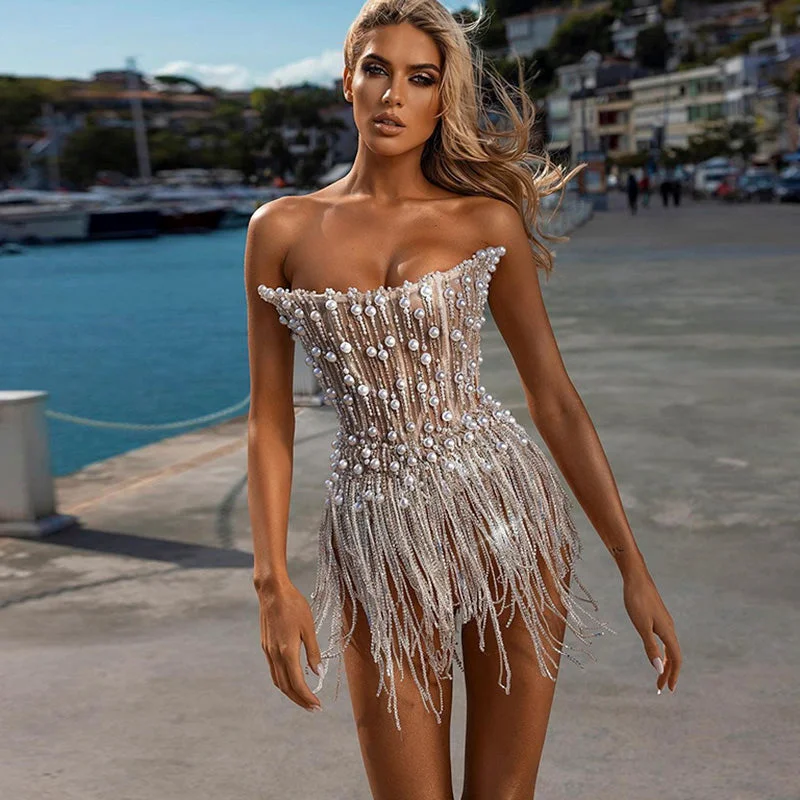 Luxury Pearls Tassels Strapless Cocktail Party Dress RM032 Tunics Fall fleece