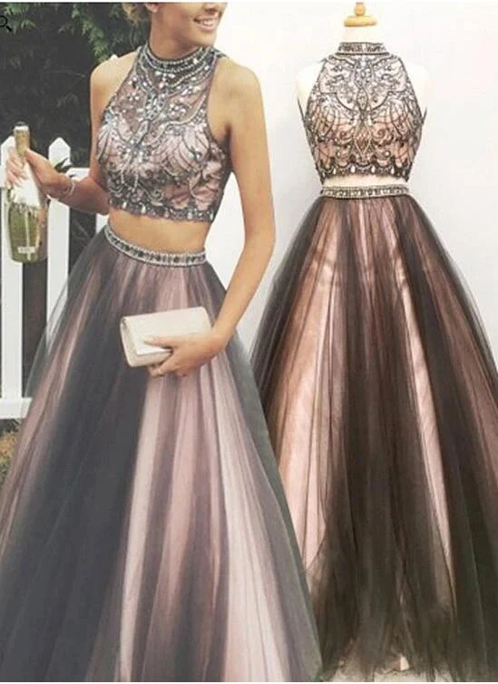 Two Pieces Prom Dress Halter Neckline, Homecoming Dress, Formal Dress, Evening Dress, Dance Dresses, Graduation Party Dress Cowl Neckline Elegant