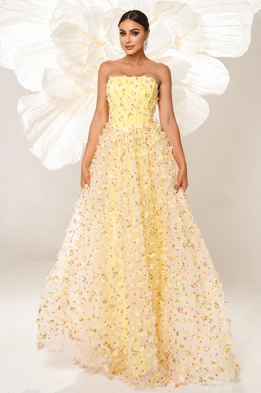 Yellow Strapless A Line Corset Tulle Long Prom Dress with Appliques Tunics Chinos classic Yellow Strapless A Line Corset Tulle Long Prom Dress with Appliques Tunics Chinos classic