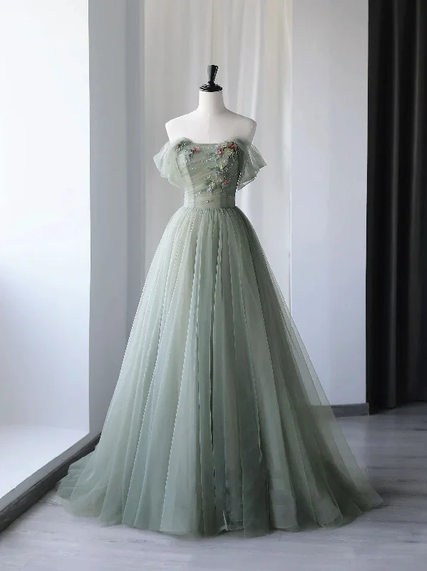 Gray Green Tulle Off Shoulder Long Prom Dress, Gray Green Formal Graduation Dresses Tunics Versatile all-occasion Gray Green Tulle Off Shoulder Long Prom Dress, Gray Green Formal Graduation Dresses Tunics Versatile all-occasion
