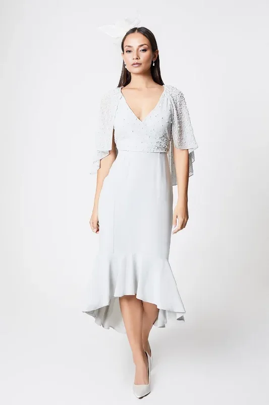 Pearl Embellished Cape Wrap V-Neck High Low Midi Dress Wedding Guest Party Dresses Mother of the Bride Dresse Peplum Ruffle Cocktail Pearl Embellished Cape Wrap V-Neck High Low Midi Dress Wedding Guest Party Dresses Mother of the Bride Dresse Peplum Ruffle Cocktail
