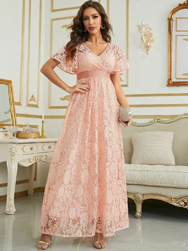 Pink Lace Long Wedding Party Dress Tunics Essential wardrobe