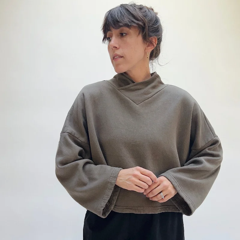 Bryn Walker | Crop V-Neck Sweatshirt in Morel Hoodie with Ribbed Neckline Snug Warm