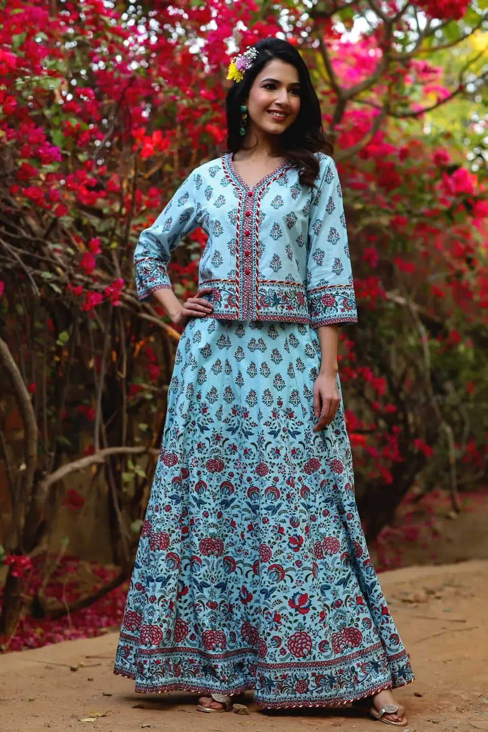 Juniper Blue Cambric Floral Print Top Skirt Set With Rubber-Band high waist skirt