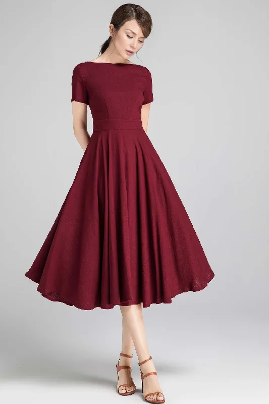 Burgundy Boat Neck Dress With Pockets Short Sleeve Party Dress A-Line Mother of the Bride Dress Cowl Neckline Elegant