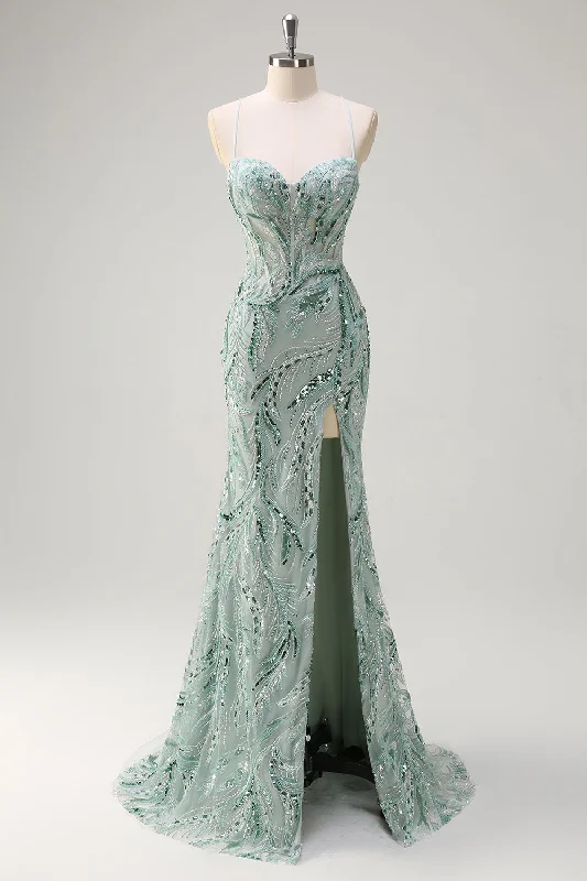 Sparkly Sage Spaghetti Straps Mermaid Long Sequin Prom Dress with Slit Crew Neckline Sporty Sparkly Sage Spaghetti Straps Mermaid Long Sequin Prom Dress with Slit Crew Neckline Sporty