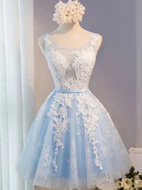 A Line Round Neck Short Blue Prom Dress with White Lace, Lace Formal Dresses, Short Graduation Dresses/Homecoming Dresses Boatneck Modish Everyday A Line Round Neck Short Blue Prom Dress with White Lace, Lace Formal Dresses, Short Graduation Dresses/Homecoming Dresses Boatneck Modish Everyday
