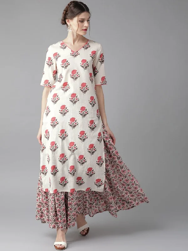 Women's  White & Pink Screen Print Kurta with Skirt - AKS flowy skirt hem